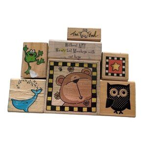 Assorted Wooden Rubber Stamps Animals & Quotes Whale Owl Frog Bear Craft Set